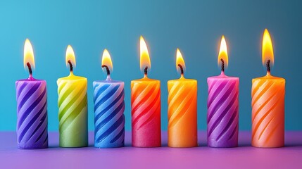 Colorful candles with flames arranged in a row against a vibrant backdrop, creating a festive and warm atmosphere.