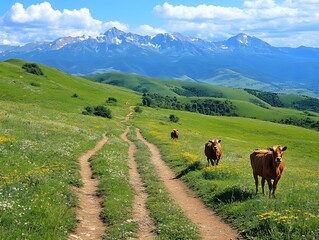 Naklejka premium Scenic Mountain Meadow with Grazing Cows and a Winding Path Under a Bright Blue Sky