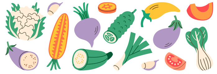 Flat illustration of various fresh vegetables, including cauliflower, eggplant, corn, beet, cucumber, zucchini, green onions, peppers. Perfect for food, healthy eating, farming, vegetarian themes.