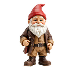 A miniature gnome figurine, dressed in a red hat, brown jacket, and brown boots, holds a brown leather messenger bag and wears a red belt, standing upright against a white background