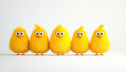 Fototapeta premium Five fluffy yellow chicks stand in a row against a white background. They have large eyes and small beaks. The image is bright and cheerful.