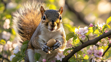 Fototapeta premium Squirrel eating nut in blossoming tree