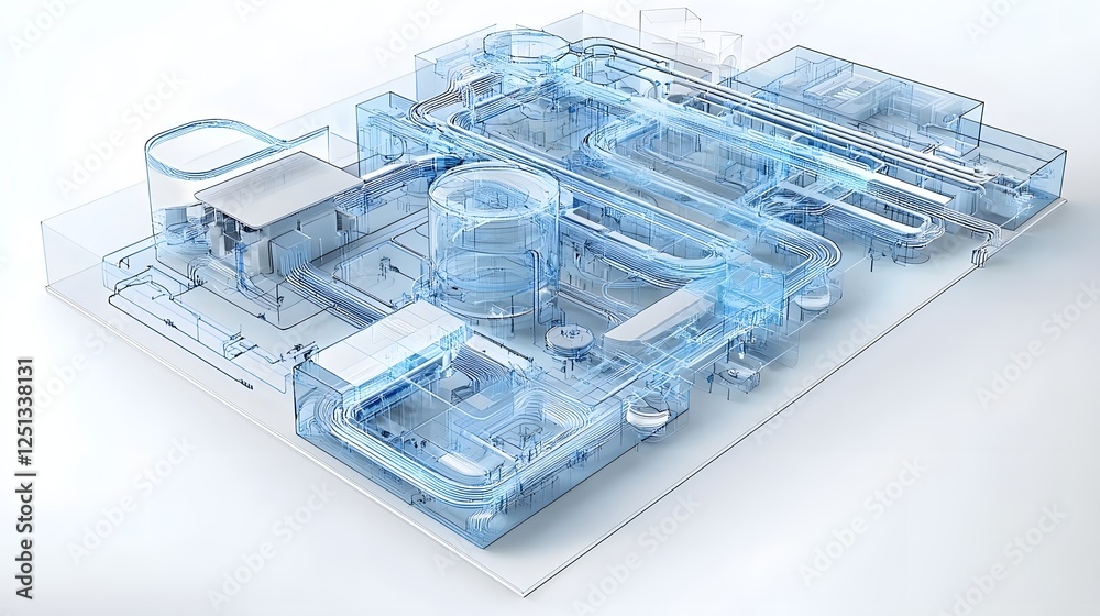 Poster an architectural blueprint style visualization depicting the dynamic interactions and interconnected