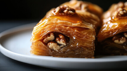 Flaky baklava with honey and walnut filling on plate, delicious dessert