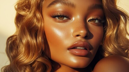 Fototapeta premium Glamorous Woman with Toned Skin and Seductive Honey Glow in Soft Light