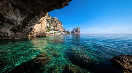 Serene coastal view of Capri with clear waters, rocky cliffs, and vibrant greenery under blue skies
