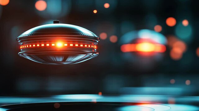 Floating futuristic hovercraft with glowing lights