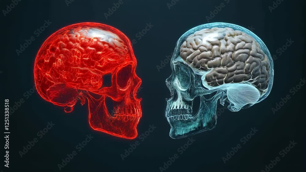 Poster medical animation showing in slow motion two transparent human skulls facing each other, one with a 