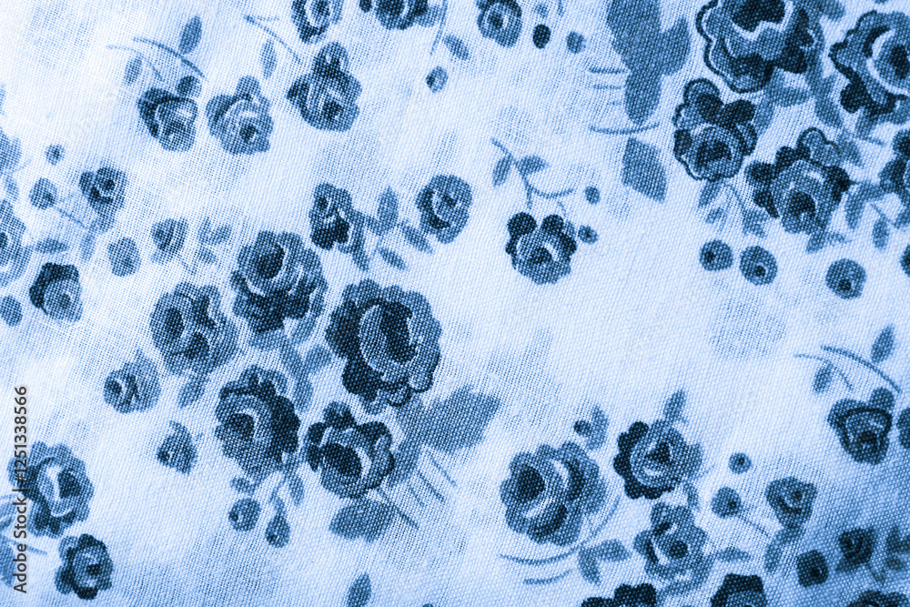 Wall mural blue floral pattern on fabric. wallpaper in a rustic modern design.  blue textile texture.