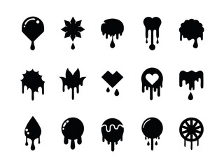 A collection of simple, black and white dripping liquid shapes on a white background.
