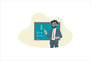 Illustration happy teacher writes on the blackboard. Vector illustration.