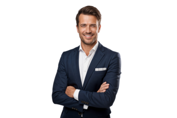 Portrait of a handsome businessman in suit, smiling on face, isolated on transparent background