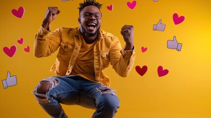 Man celebrating online success, joy, yellow background