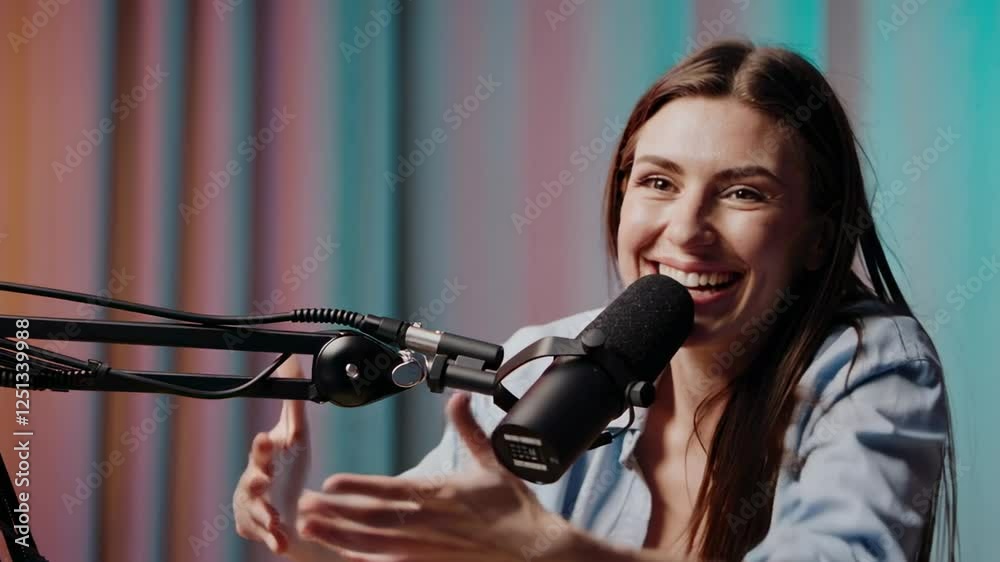 Poster content creator woman records a podcast, laughing and gesturing while speaking into a microphone in 