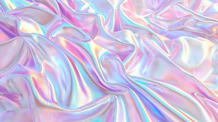Fototapeta premium Close up of pink and blue fabric with surreal iridescent metal waves and reflective surface
