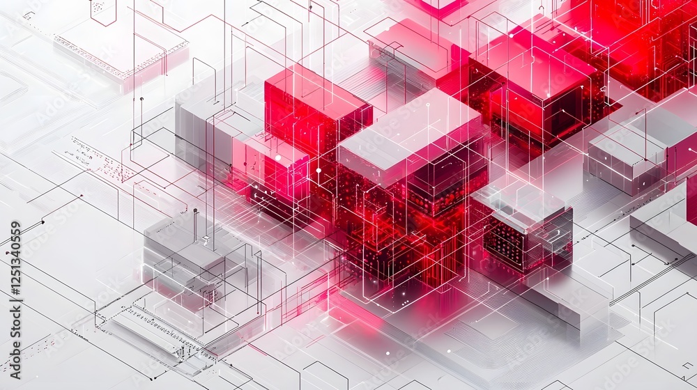 Poster an abstract digital system with interconnected pathways and data blocks depicted in a futuristic geo