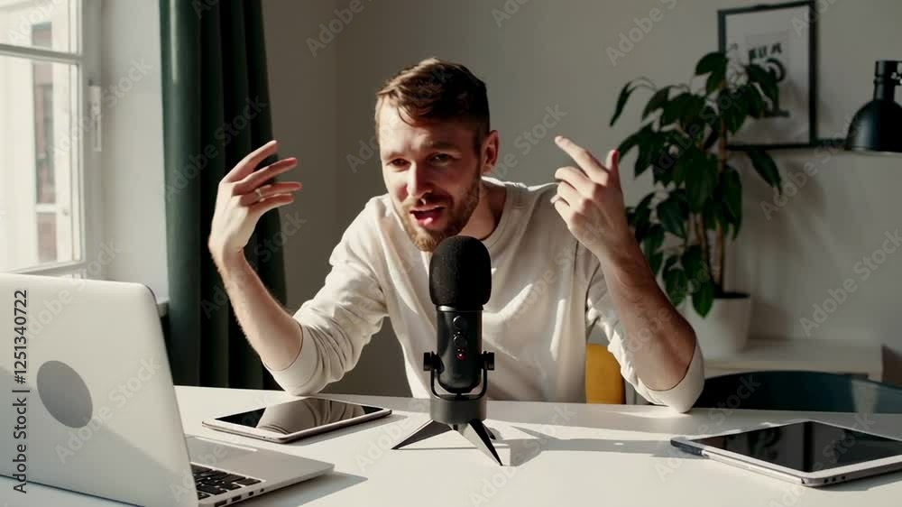 Aufkleber Professional podcaster recording engaging audio content, capturing dynamic storytelling using high end microphone and laptop while expressing ideas with passionate gestures in slow motion