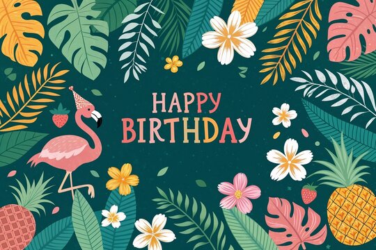 Colorful birthday celebration with flamingo and tropical leaves