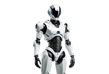 A white, futuristic robot with a blue head and chest, black gloves, and a black and silver body stands upright, facing left, against a white background, creating a striking visual effect