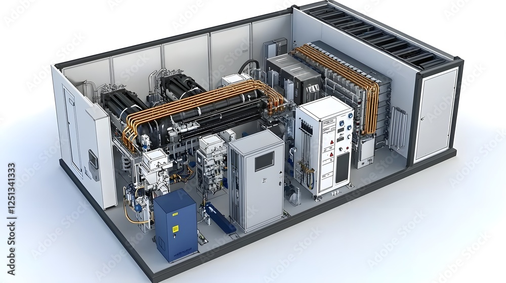Poster detailed 3d schematic of an interconnected modular industrial system showcasing the flow and various