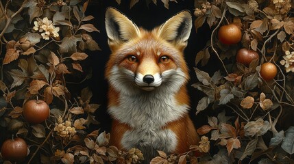 Fototapeta premium There is a painting of a fox in a floral frame generative ai