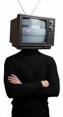Man wears vintage TV on head, black sweater, quirky concept for advertising, creative design projects, technology themes, and entertainment.
