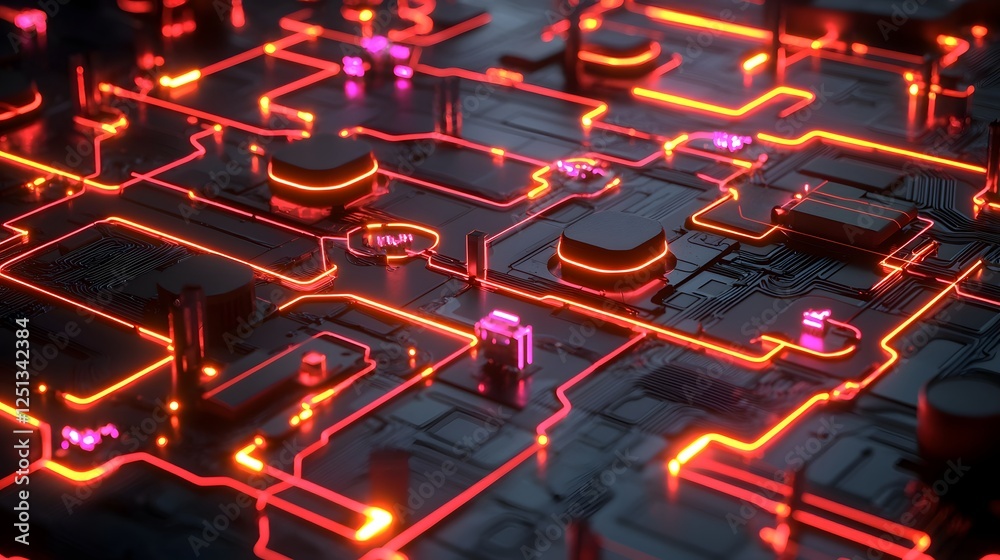 Poster glowing digital network with interconnected pathways and luminous nodes representing the intricate a