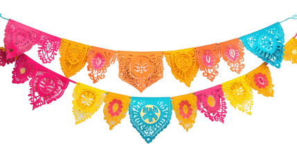 Cinco de Mayo PNG file of a colorful Papel picado banner with intricate cut-out patterns, isolated on white background