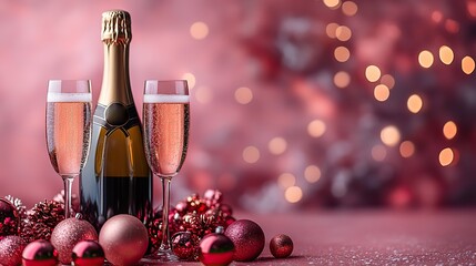 A festive setup featuring a champagne bottle with two flutes and assorted baubles on a pink background, symbolizing New Year's celebrations and joyful moments shared with loved ones.