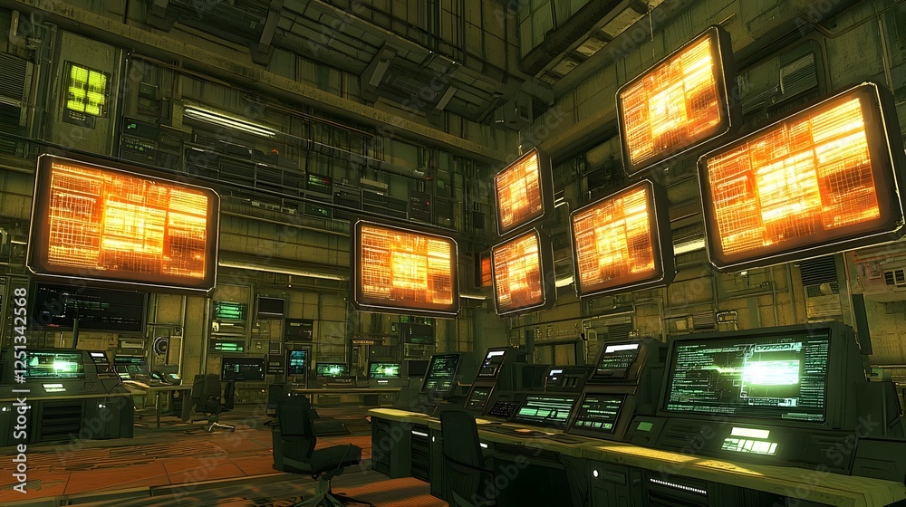 Poster futuristic high tech control room with floating holographic screens and digital data streams advance