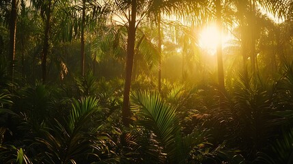 Obraz premium Golden sunrise through lush tropical palm forest.