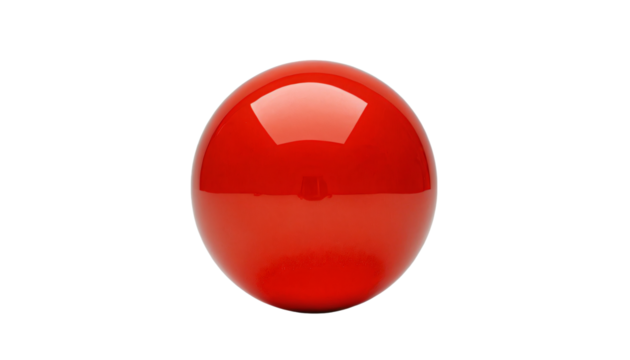 A single, red, glossy spherical ball with a small cutout on the top right corner is centrally positioned against a white background, creating a striking visual effect