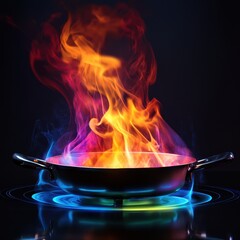 A vibrant flame swirls above a pan, showcasing dynamic colors and energy, set against a dark background.