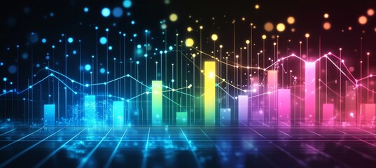 Stylized Financial Chart on Dark Background, Bar Chart with Overlaid Line Graphs in Vivid Colors