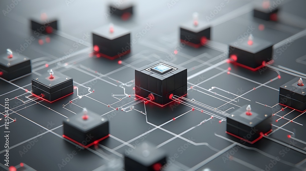 Poster abstract 3d system architecture featuring interconnected cubes and modules for data exchange and inf