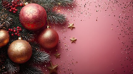 A festive vertical composition featuring golden Christmas ornaments and star confetti set against a soft pastel background, capturing a celebratory holiday spirit with elegance and charm.