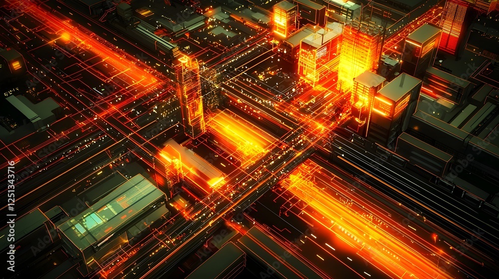 Poster futuristic digital interface visualization with interconnected blocks and dynamic data transfer path