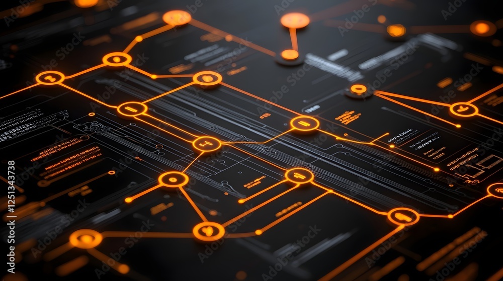 Poster futuristic sci fi inspired circuit board design featuring a complex network of illuminated nodes and