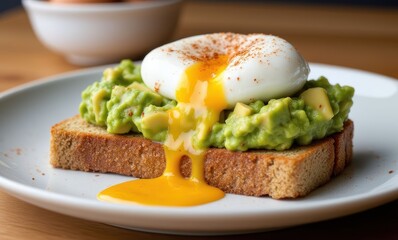Delicious avocado toast with poached egg