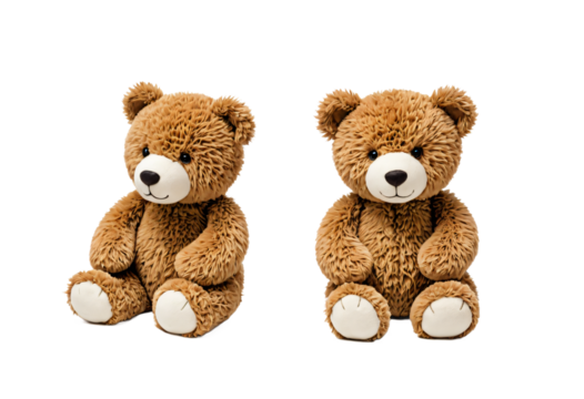 Two identical, brown teddy bears with white paws and noses sit side by side on a white background, facing the same direction, creating a sense of companionship and tranquility
