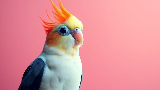 Male cockatiel nymphicus hollandicus in front of pink background
