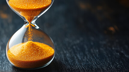 Golden sand flowing through transparent hourglass against dark background with shallow depth of field. Concept of time management and productivity
