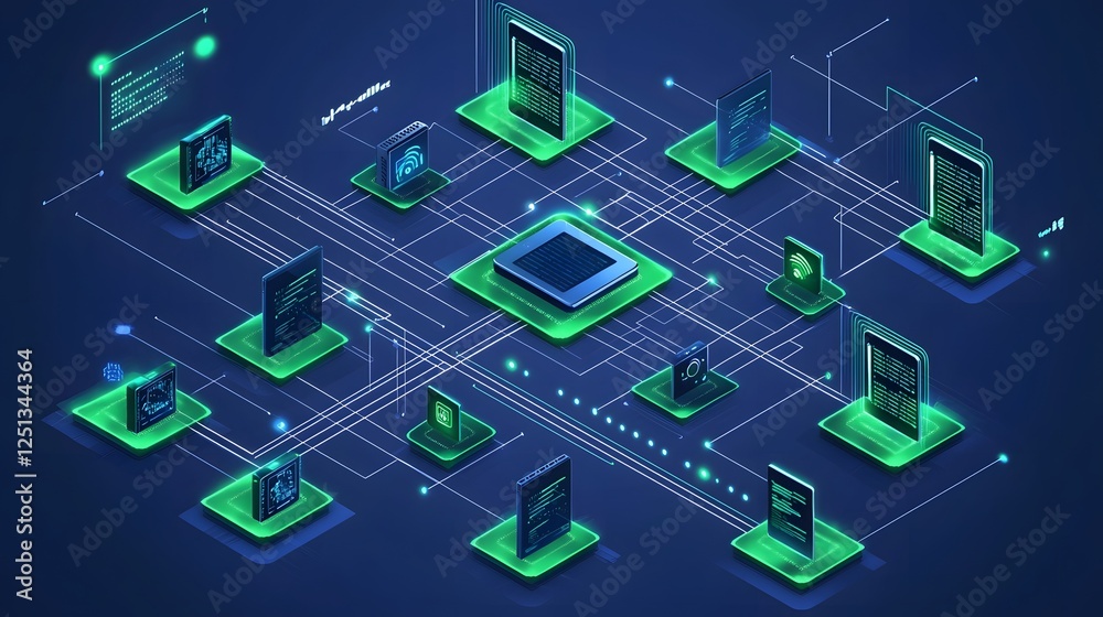 Poster of a high tech digital network with interconnected smart devices data flow and futuristic intelligen