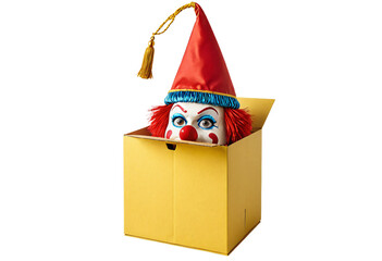 A vibrant yellow box with a clown face and a red tassel is open, revealing a colorful mask peeking out from the top right corner, creating a playful and whimsical scene