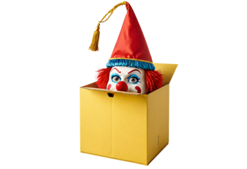 A vibrant yellow box with a clown face and a red tassel is open, revealing a colorful mask peeking out from the top right corner, creating a playful and whimsical scene