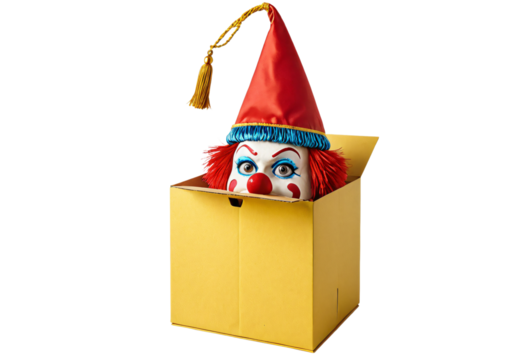 A vibrant yellow box with a clown face and a red tassel is open, revealing a colorful mask peeking out from the top right corner, creating a playful and whimsical scene