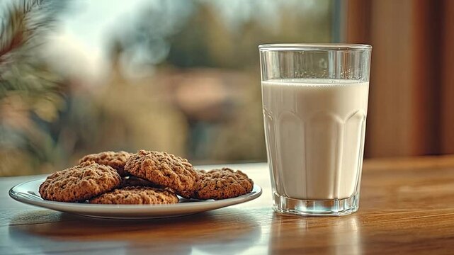 Delicious cookies and glass of milk on wooden table create cozy atmosphere, perfect for sweet snack or dessert moment that invites comfort and warmth.