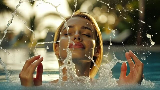 Beautiful blonde woman relaxing in the pool, sunbathing and enjoying her vacation at a luxury hotel spa resort on a summer day. The beautiful girl has her eyes closed, looking up in the water.
