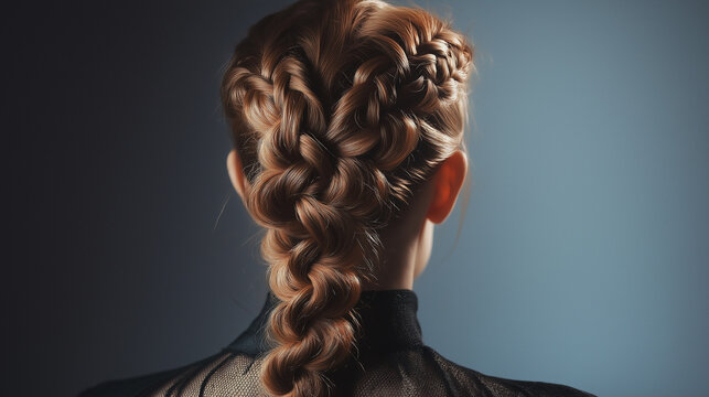 Intricate braided hairstyle with loose French braids on a woman&rsquo;s back in soft blue-toned studio lighting