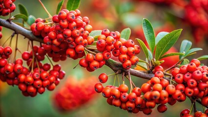 Dense cluster of bright red sanddorn berries clustered together on a thin woody branch with intricate twig details , vibrant sanddorn berries, botanical